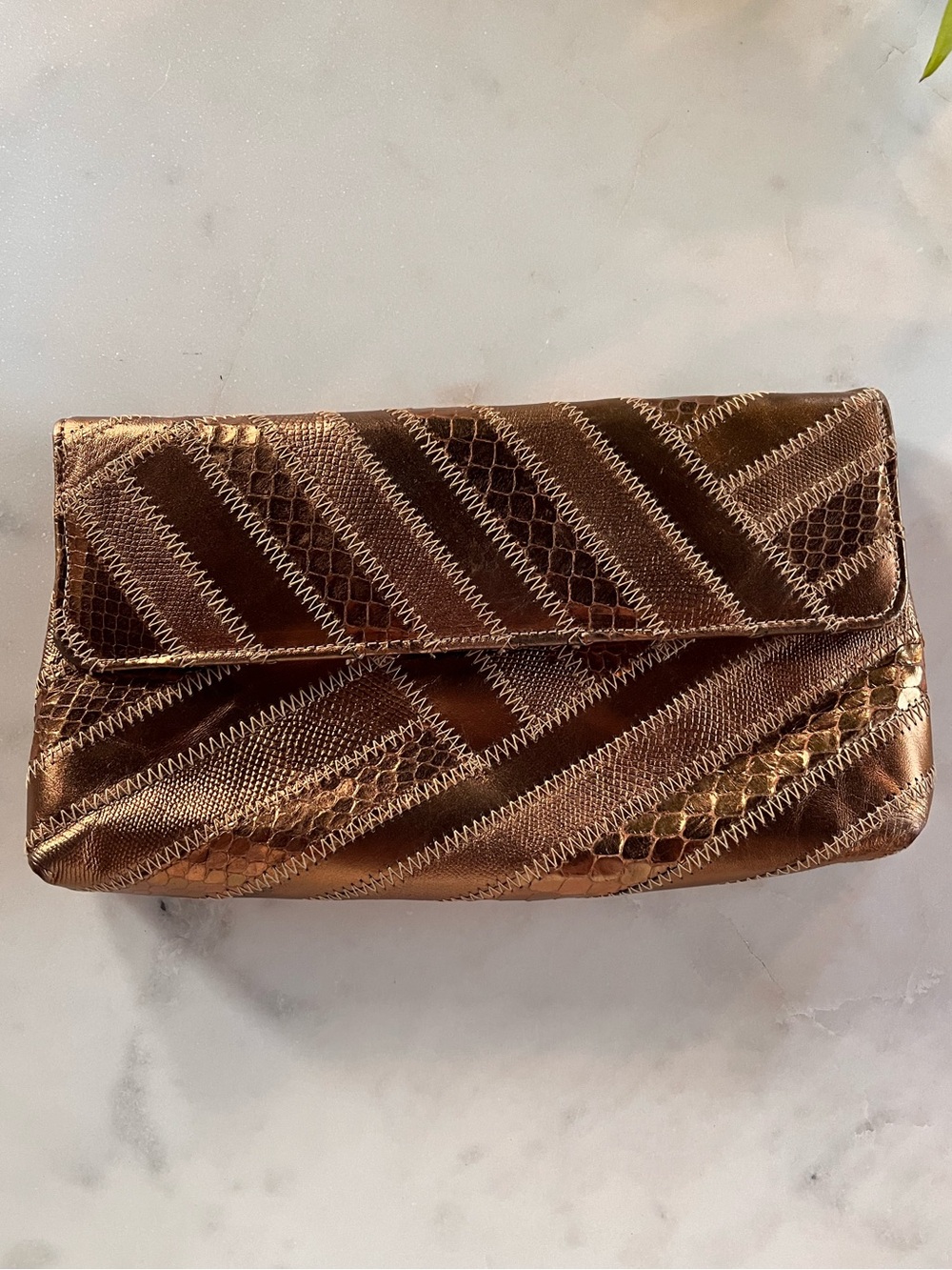 Dame 80s Metallic Bronze Snakeskin Patchwork Convertible Crossbody Clutch Bag